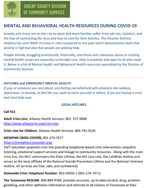 Mental and Behavioral Health Resources