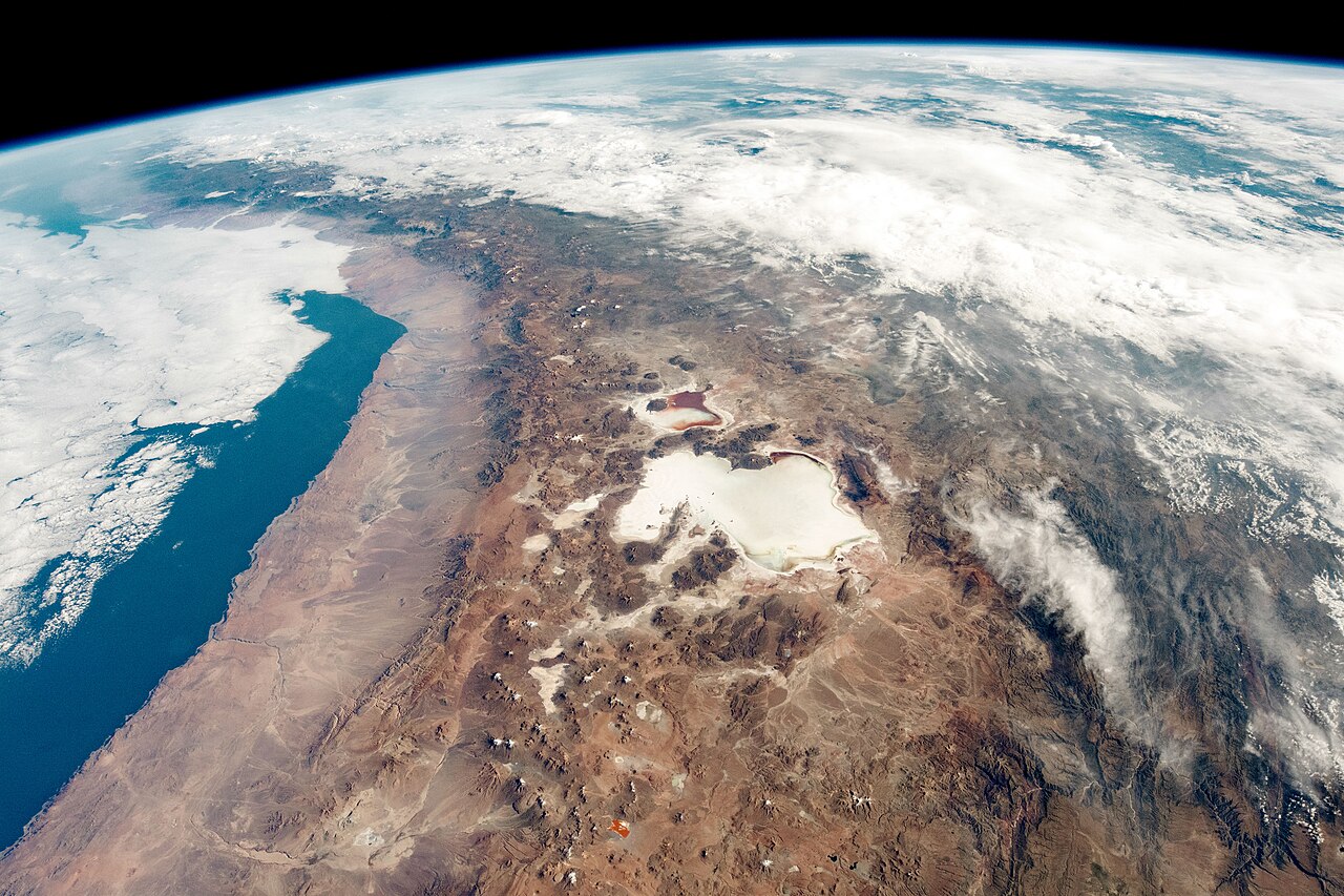 Satellite view of Salar de Uyuni, located at the center of the image, captured from the International Space Station. 